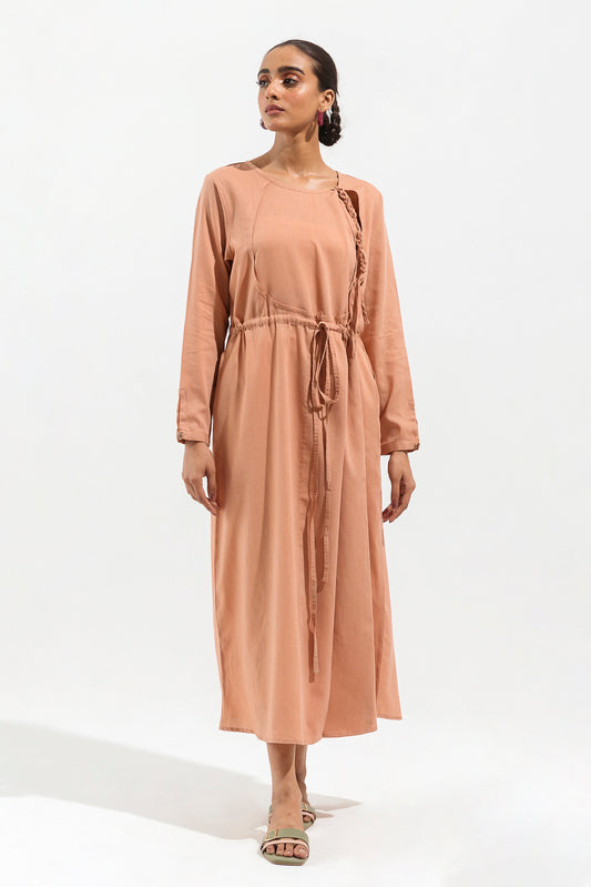 SAND BROWN OVERLAPPED LONG DRESS