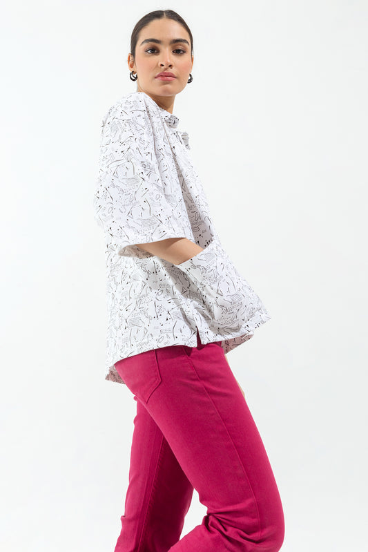 WHITE PRINTED BUTTON DOWN SHIRT