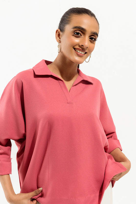 PINK BATWING COLLARED TOP
