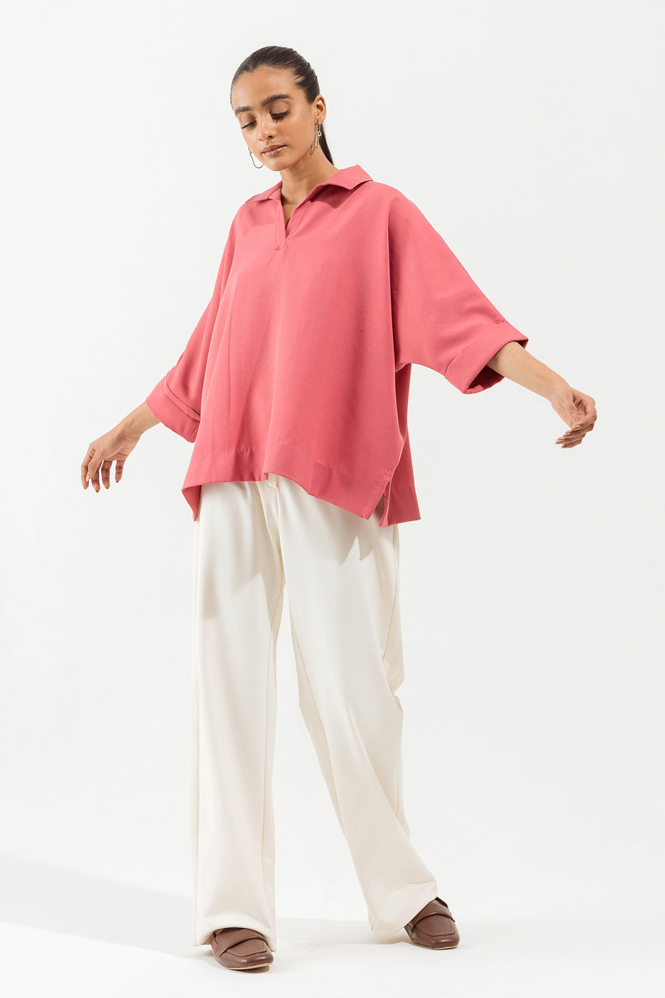 PINK BATWING COLLARED TOP