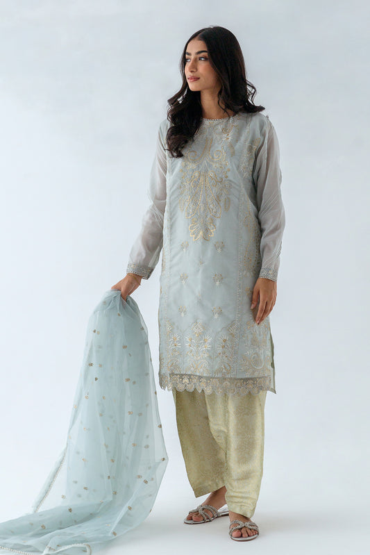 3 PIECE EMBROIDERED PAPER COTTON SUIT (LUXURY PRET)
