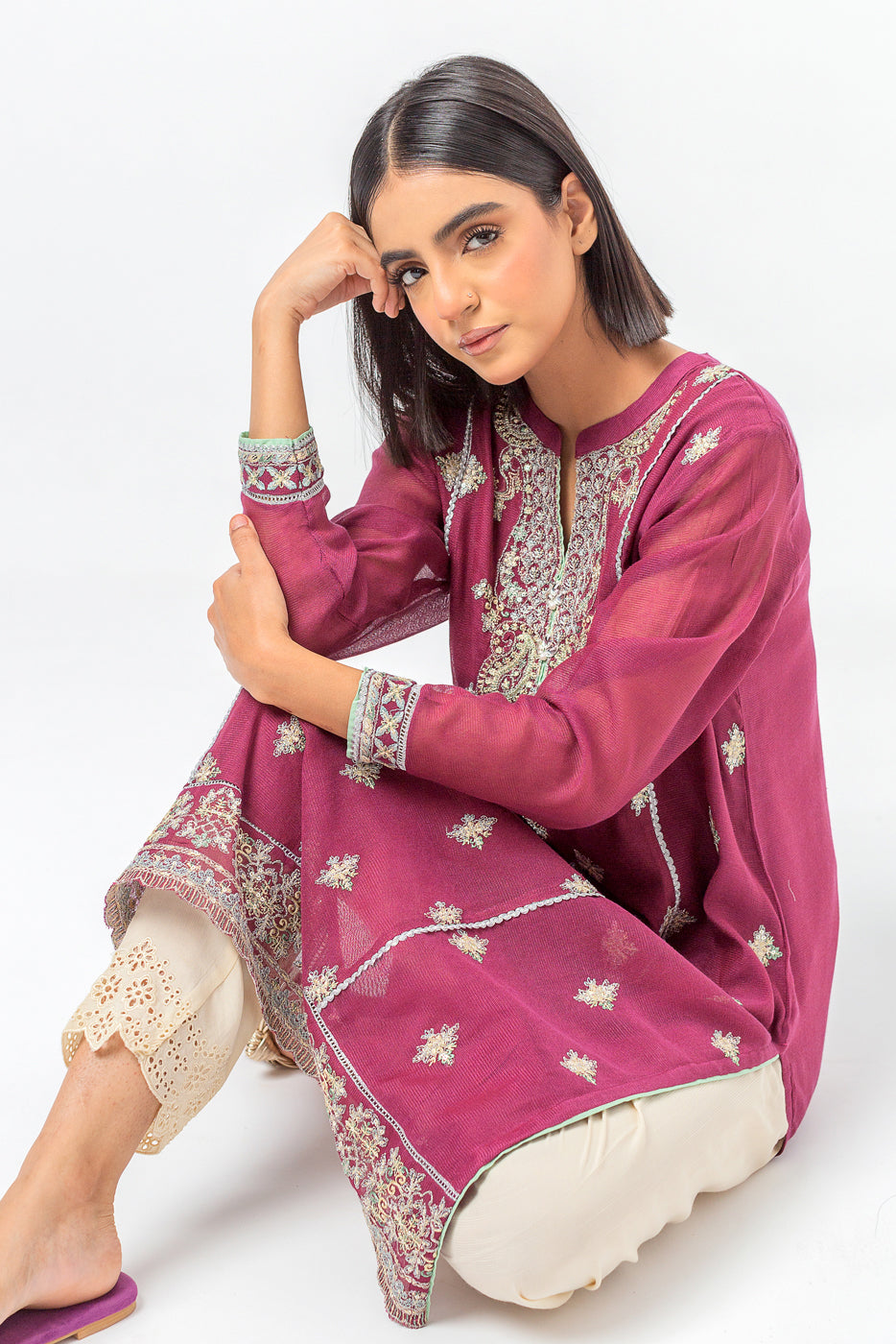 EMBROIDERED COTTON NET SHIRT (LUXURY PRET)
