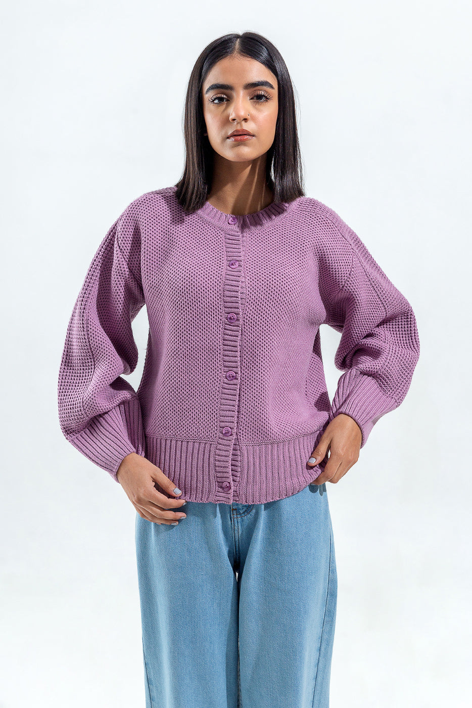 KNITTED CREW NECK CARDIGAN