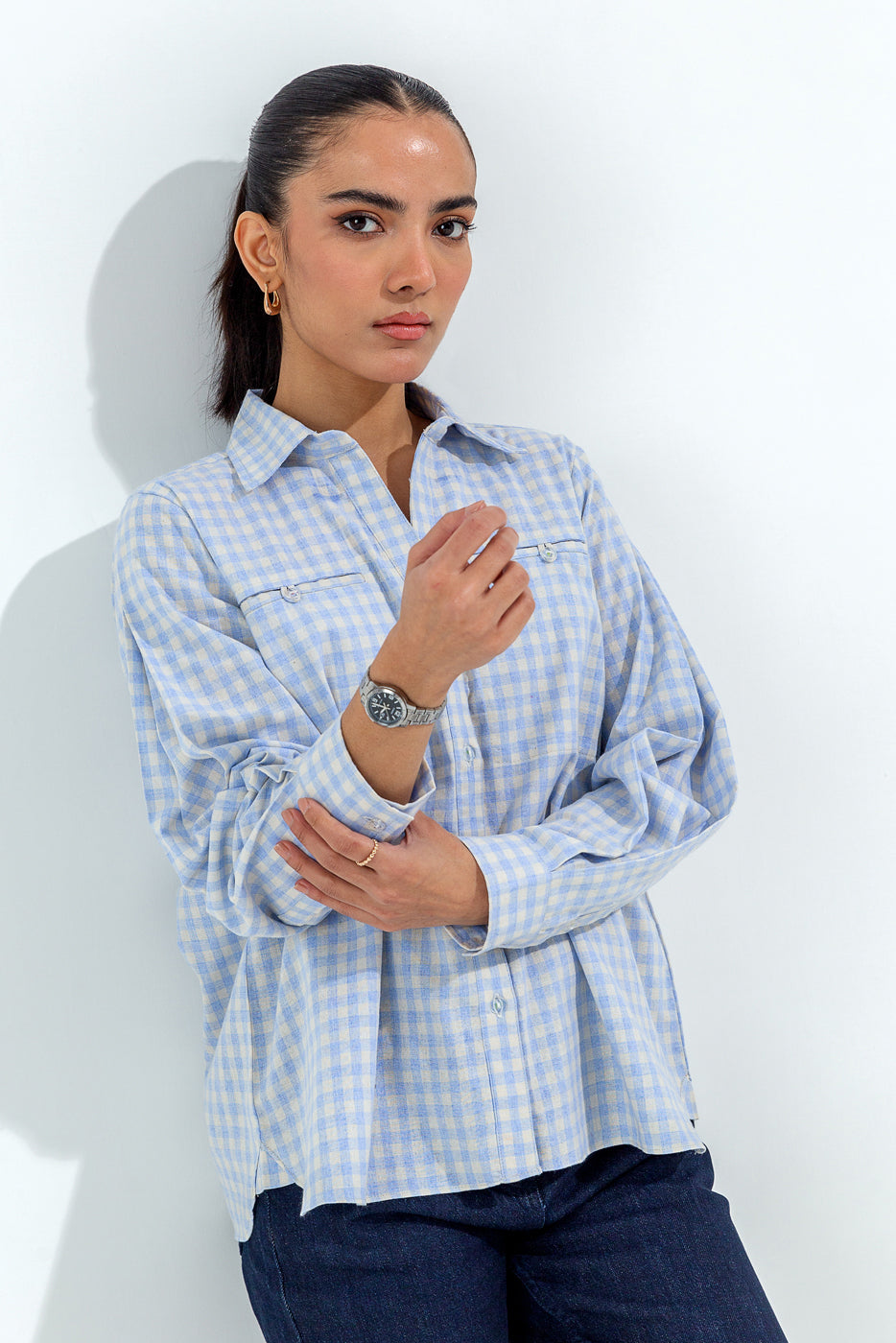 Blue And White Check Collar Shirt - BEECHTREE
