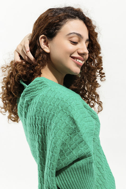 GREEN OVERLAPPED NECKLINE SWEATER