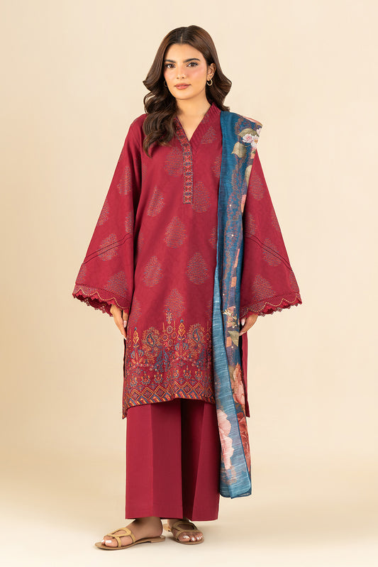 3 PIECE EMBROIDERED  REVERSE JACQUARD SUIT-FUSCHIA DREAM (UNSTITCHED)