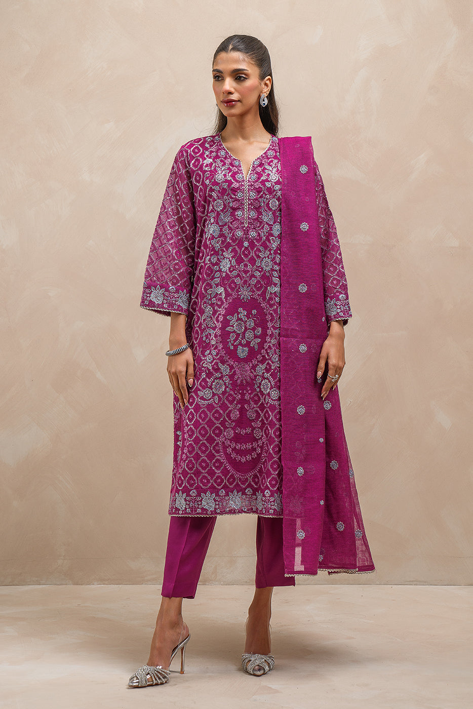 3 PIECE EMBROIDERED COTTON NET SUIT (LUXURY-PRET)