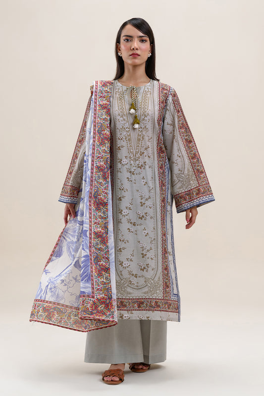 3 PIECE PRINTED LAWN SUIT-SILVER GLEAM (UNSTITCHED)