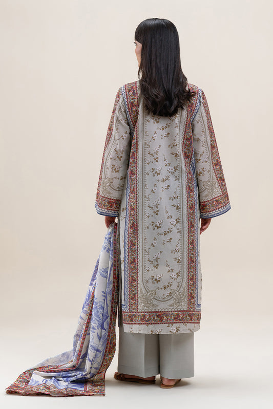 3 PIECE PRINTED LAWN SUIT-SILVER GLEAM (UNSTITCHED)