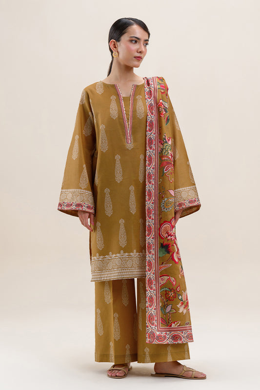 3 PIECE PRINTED LAWN SUIT-MUSTARD ORCHID (UNSTITCHED)