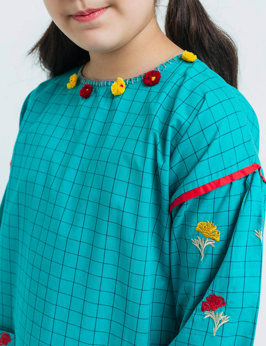 Floral Emb Check Kurta (6295504453784)