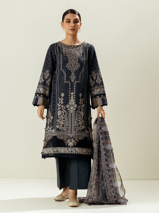 3 PIECE - PRINTED KHADDAR SUIT - KEYSTONE GRAY MORBAGH WN_22   