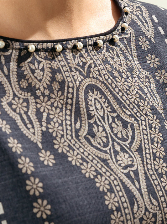 3 PIECE - PRINTED KHADDAR SUIT - KEYSTONE GRAY MORBAGH WN_22   