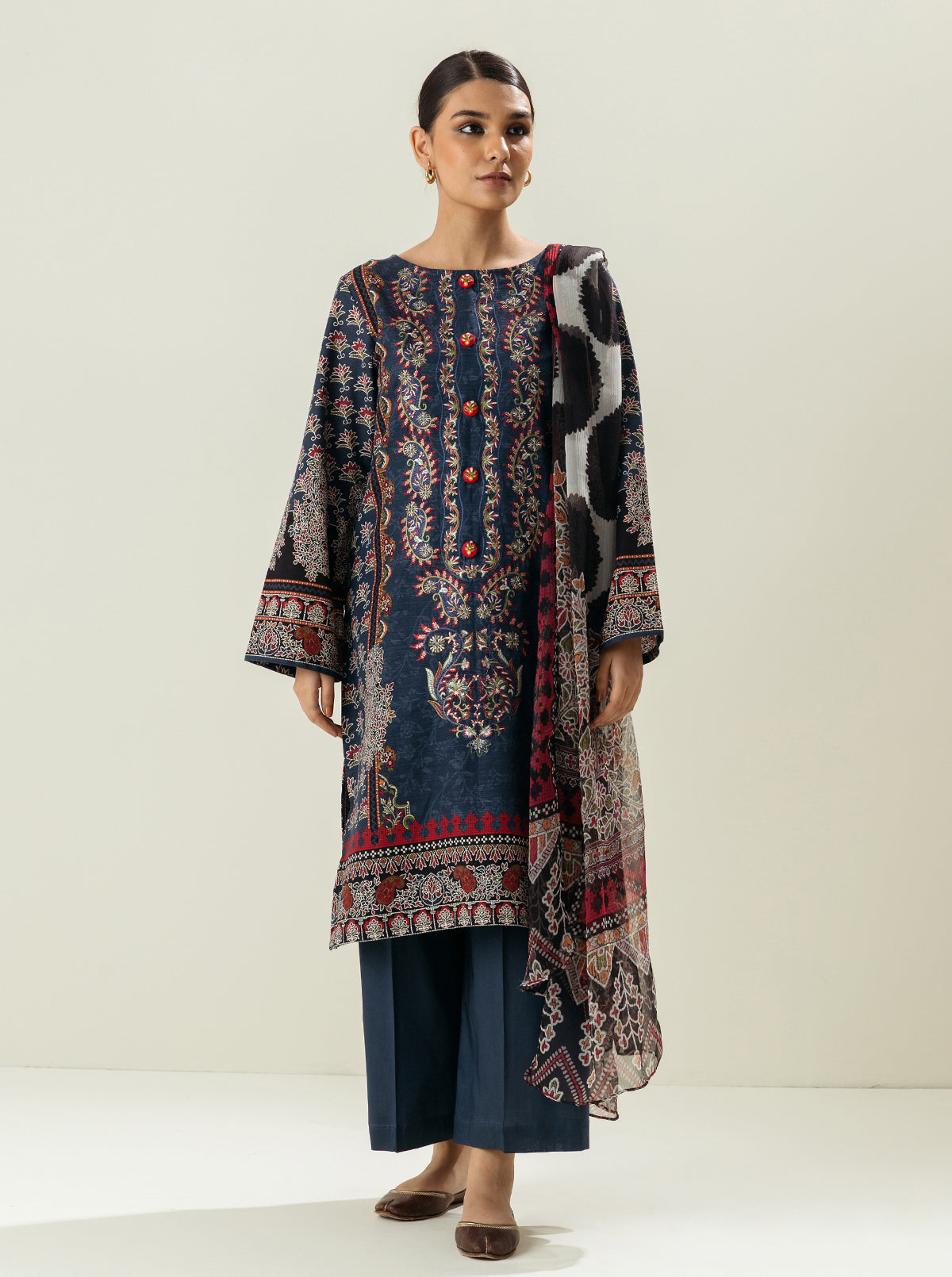 3 PIECE - EMBROIDERED  KHADDAR SUIT - BOHO BLUE MORBAGH WN_22   