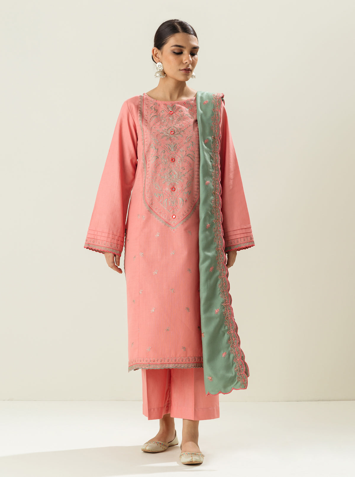 3 PIECE - EMBROIDERED  KHADDAR SUIT - PINK SHADOW MORBAGH WN_22   