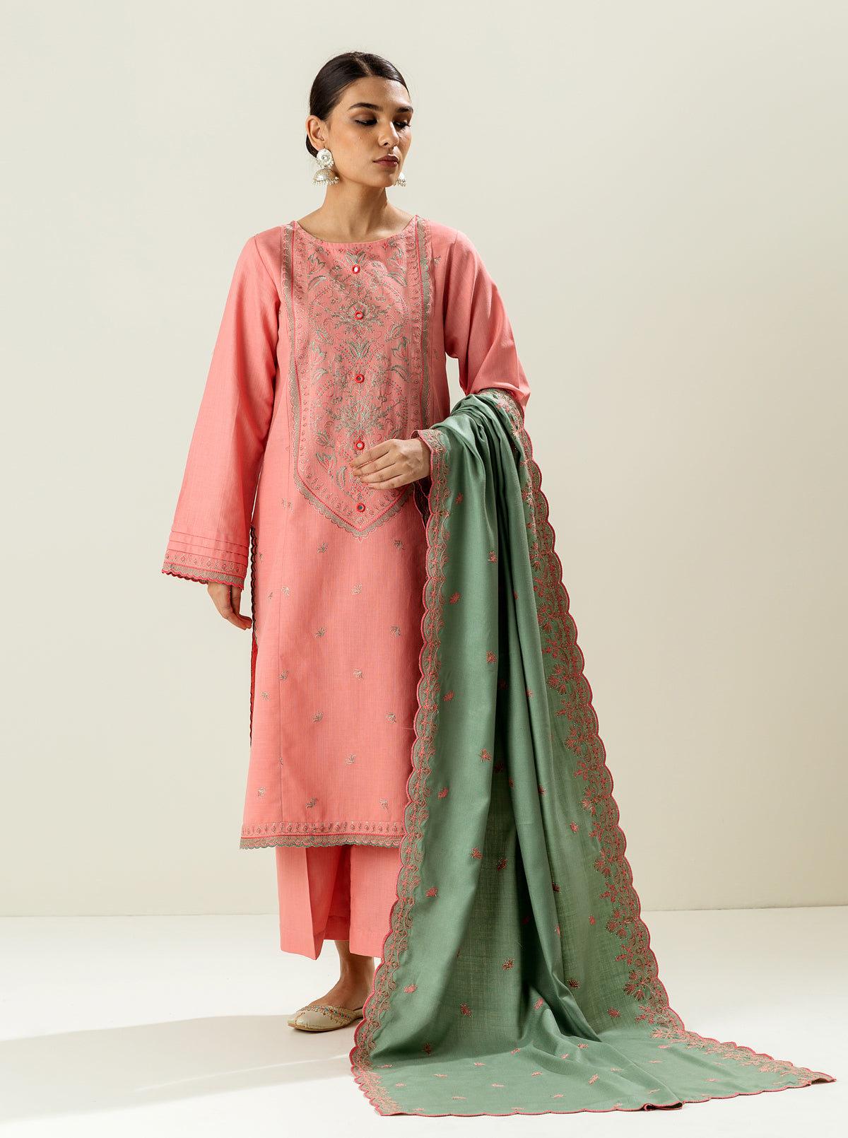 3 PIECE - EMBROIDERED  KHADDAR SUIT - PINK SHADOW MORBAGH WN_22   