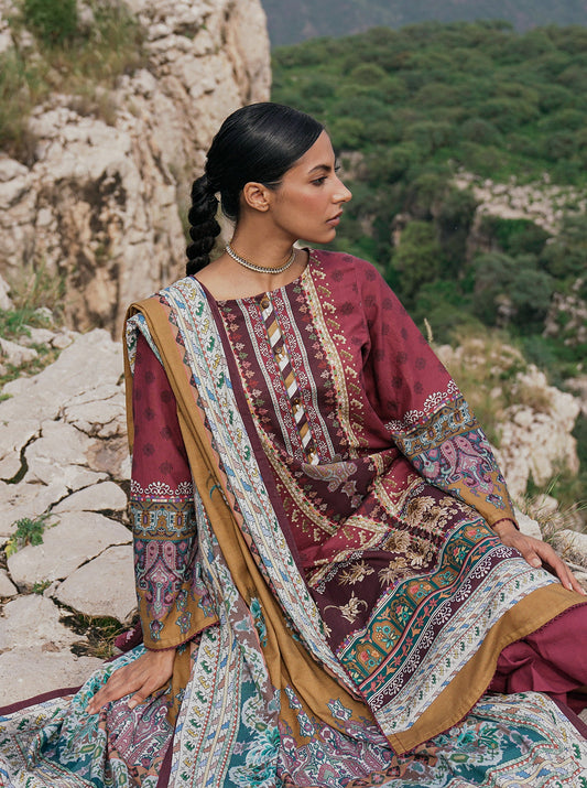 3 PIECE - PRINTED KHADDAR SUIT - PLUM ROCOCO MORBAGH WN_22   