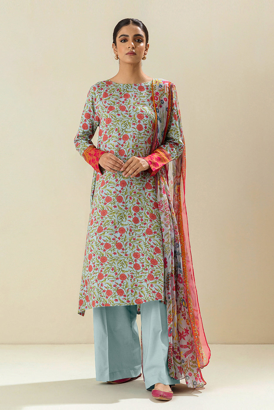 3 PIECE - PRINTED VISCOSE SUIT - BREEZY PARADISE (UNSTITCHED)