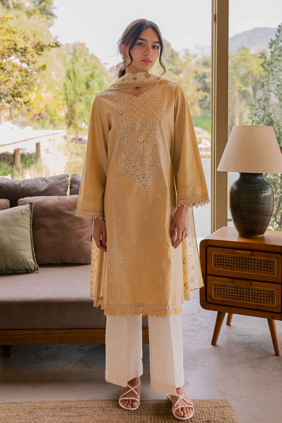 2 PIECE EMBROIDERED LAWN SUIT-CREAM GOLD (UNSTITCHED)