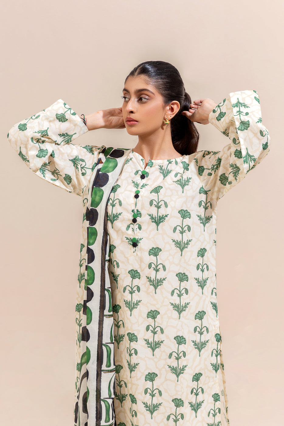 3 PIECE PRINTED LAWN SUIT-CREAMY GLAZE (UNSTITCHED)