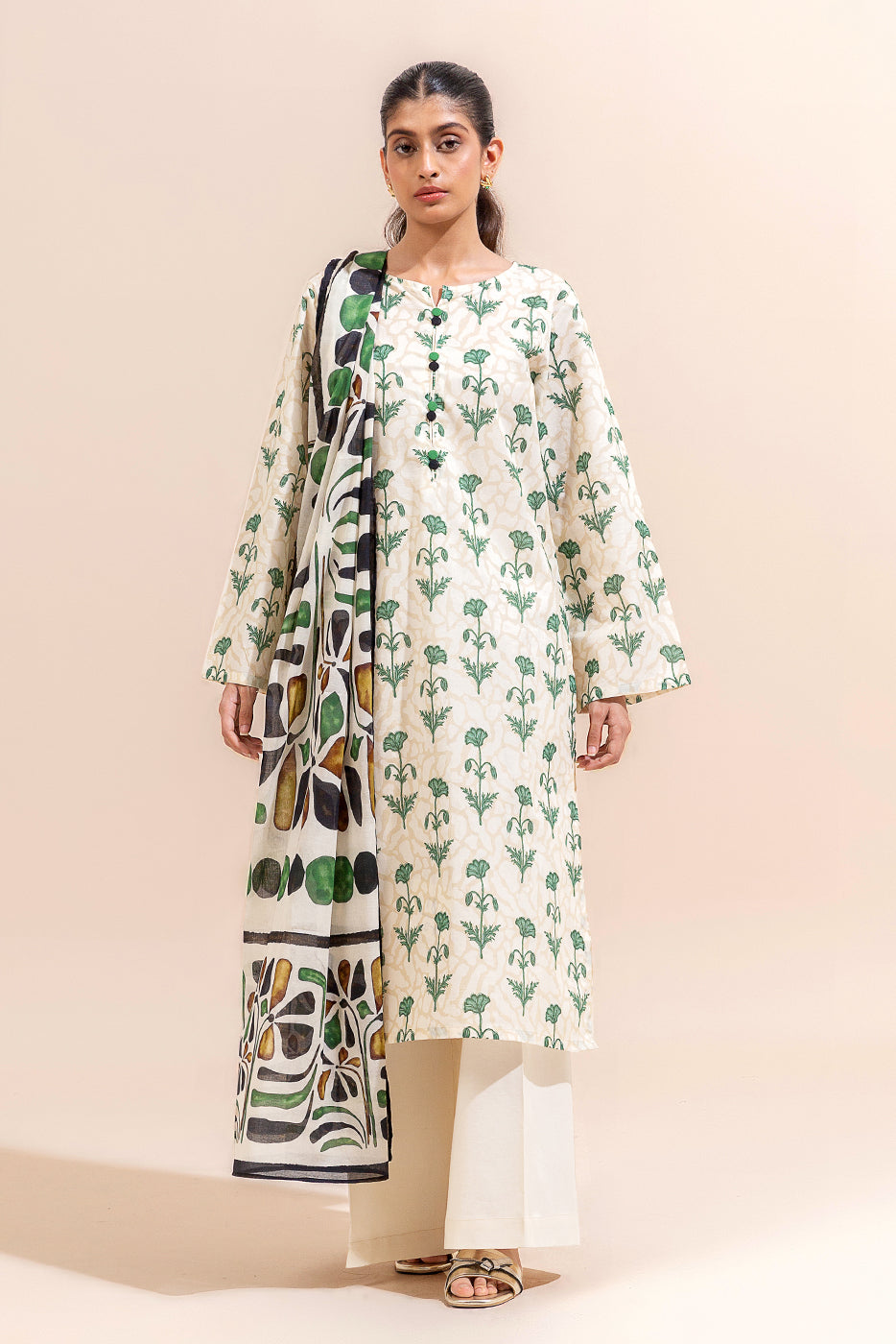 3 PIECE PRINTED LAWN SUIT-CREAMY GLAZE (UNSTITCHED)