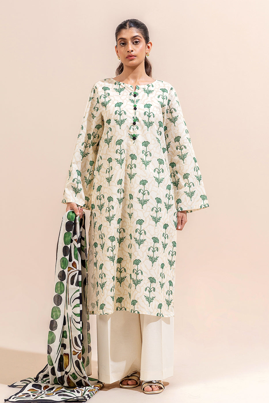 3 PIECE PRINTED LAWN SUIT-CREAMY GLAZE (UNSTITCHED)