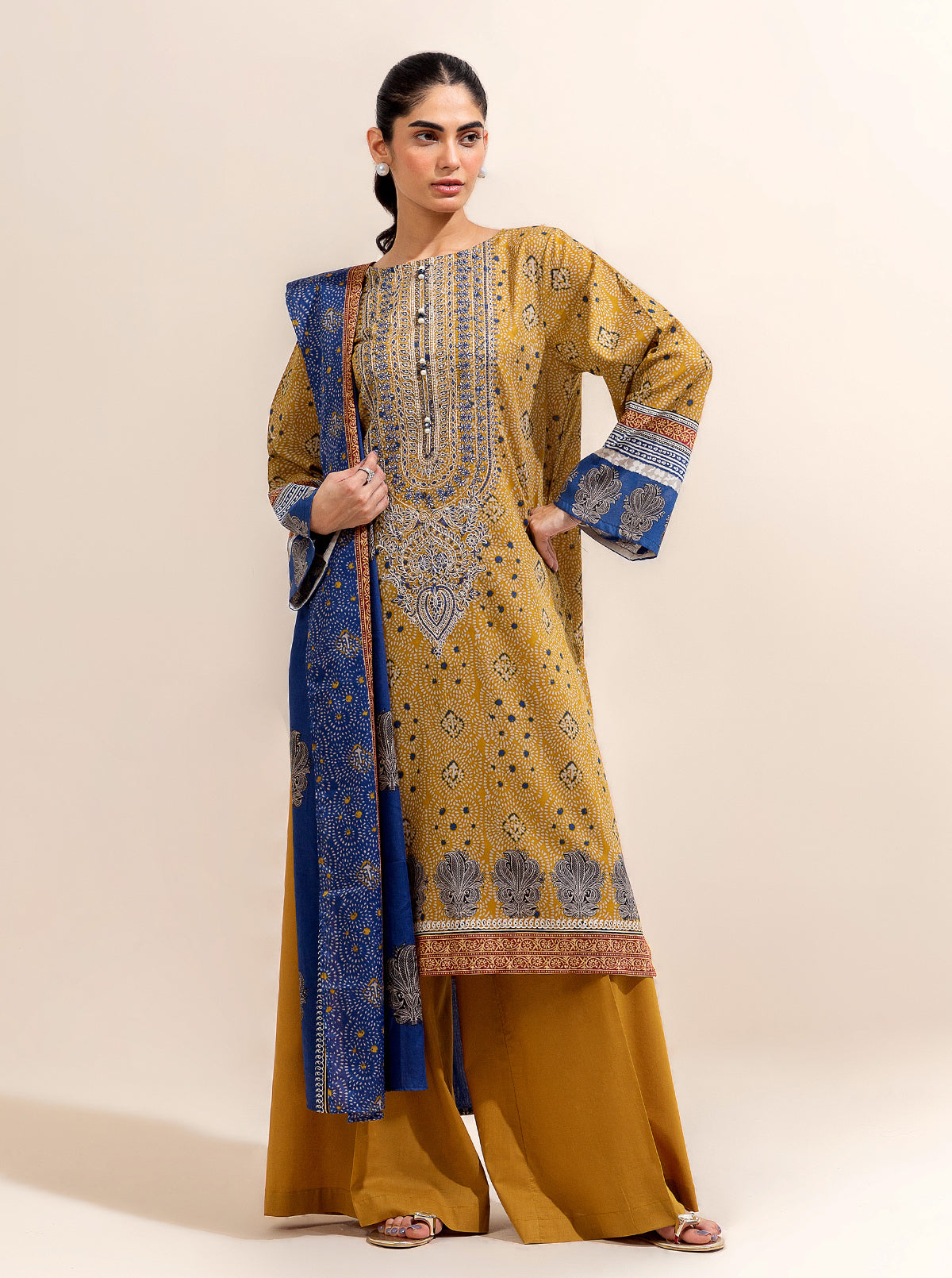 3 PIECE EMBROIDERED LAWN-OLD GOLD BT-MORBAGH SU_24   