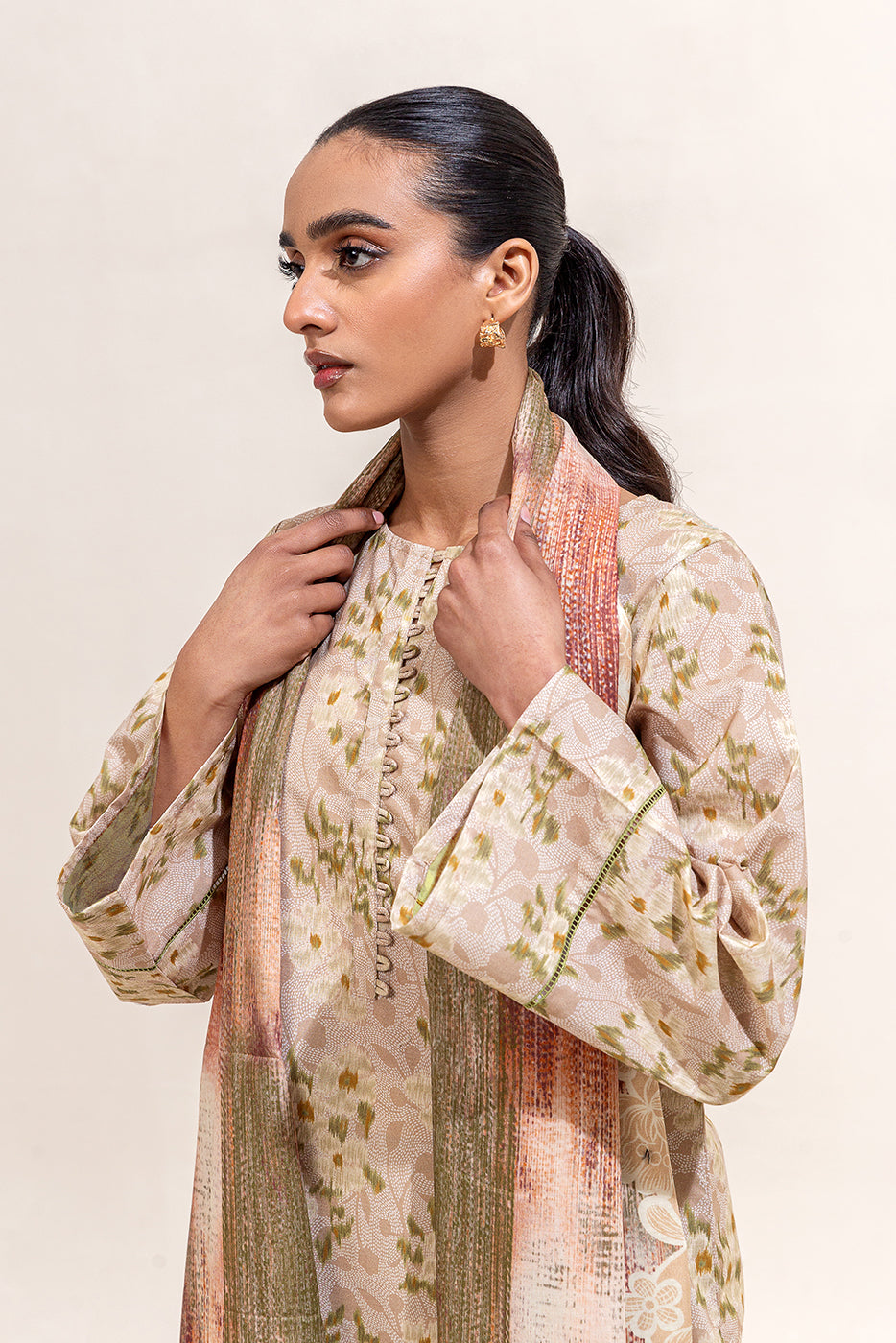 2 PIECE PRINTED LAWN SUIT-OLIVE HAZE (UNSTITCHED)