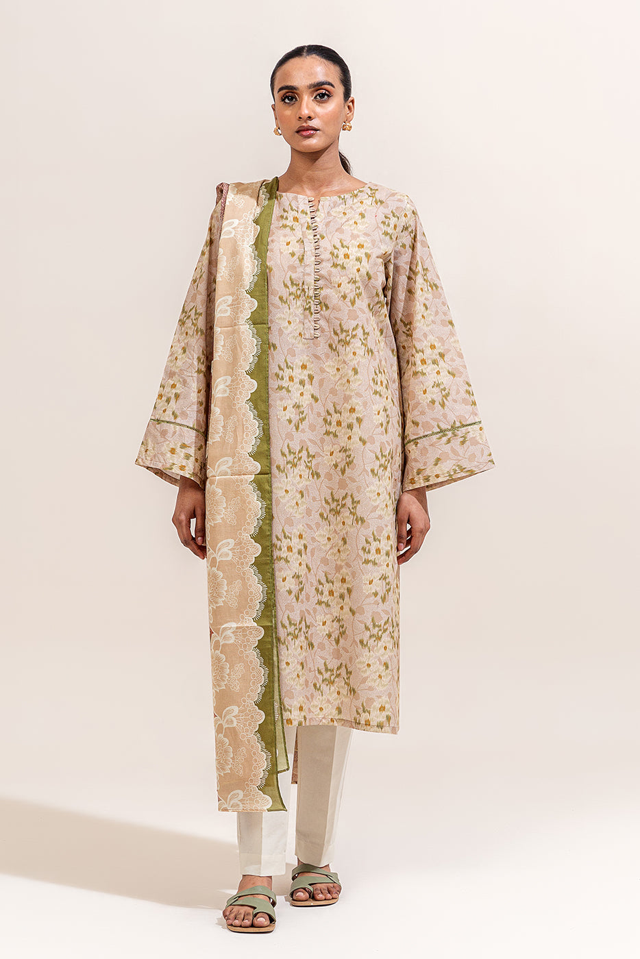 2 PIECE PRINTED LAWN SUIT-OLIVE HAZE (UNSTITCHED)