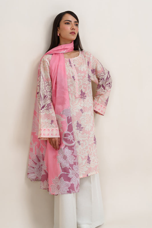 3 PIECE PRINTED LAWN SUIT-COLOR CRUSH (UNSTITCHED)
