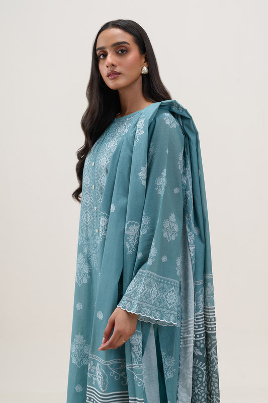 3 PIECE PRINTED LAWN SUIT-BLUE FOLIAGE (UNSTITCHED)