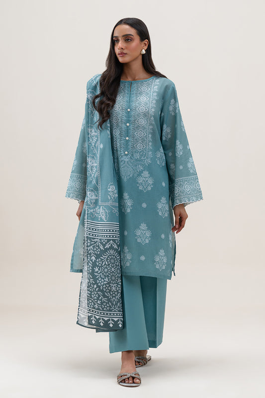 3 PIECE PRINTED LAWN SUIT-BLUE FOLIAGE (UNSTITCHED)