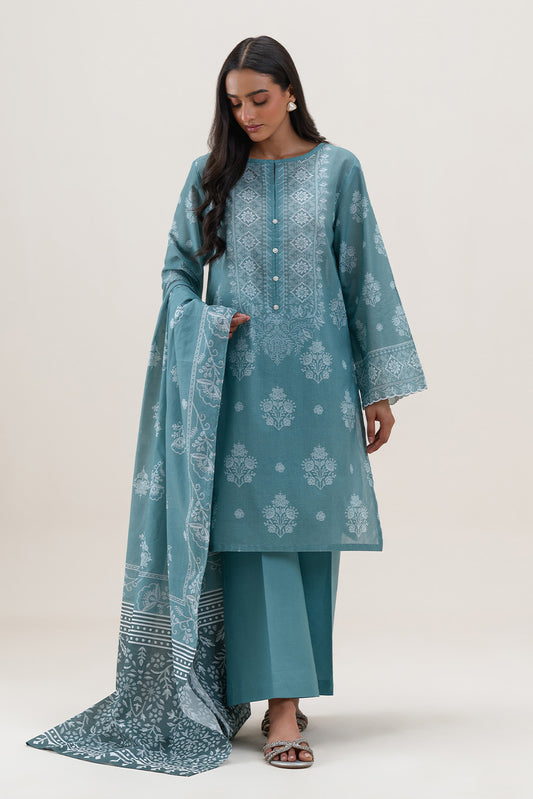 3 PIECE PRINTED LAWN SUIT-BLUE FOLIAGE (UNSTITCHED)