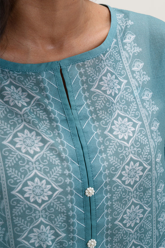 3 PIECE PRINTED LAWN SUIT-BLUE FOLIAGE (UNSTITCHED)