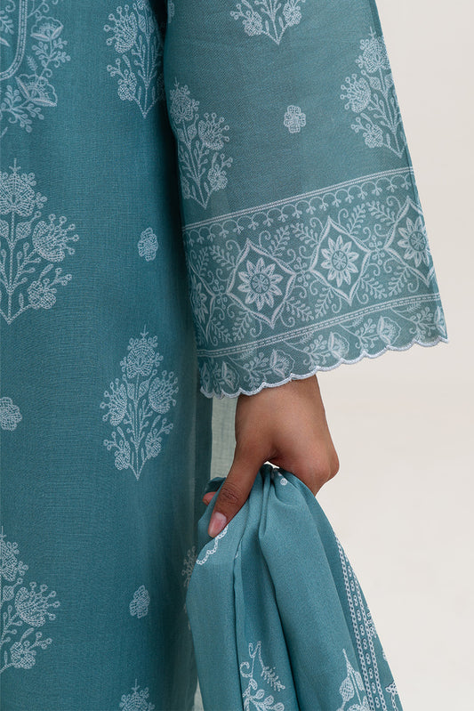 3 PIECE PRINTED LAWN SUIT-BLUE FOLIAGE (UNSTITCHED)