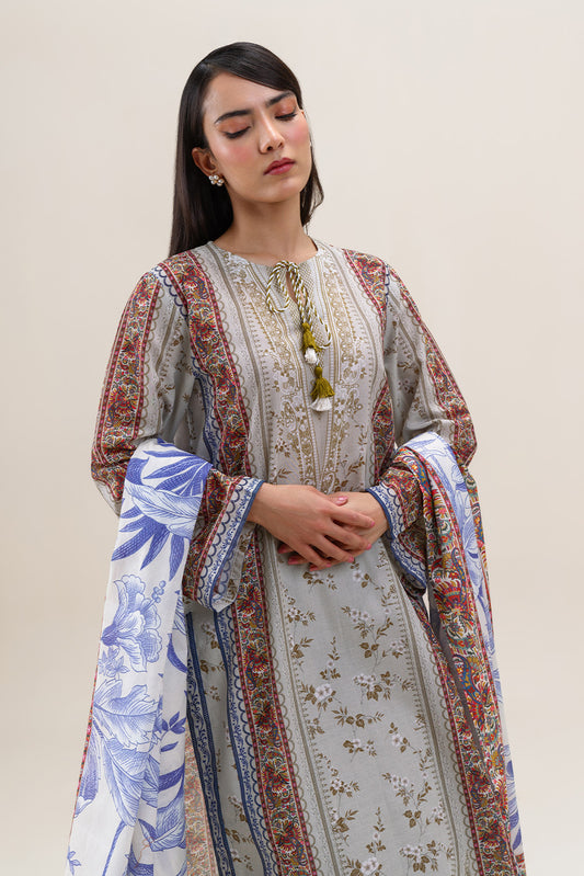 3 PIECE PRINTED LAWN SUIT-SILVER GLEAM (UNSTITCHED)