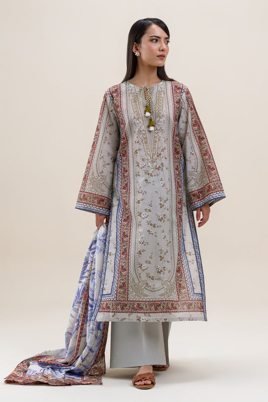 3 PIECE PRINTED LAWN SUIT-SILVER GLEAM (UNSTITCHED)