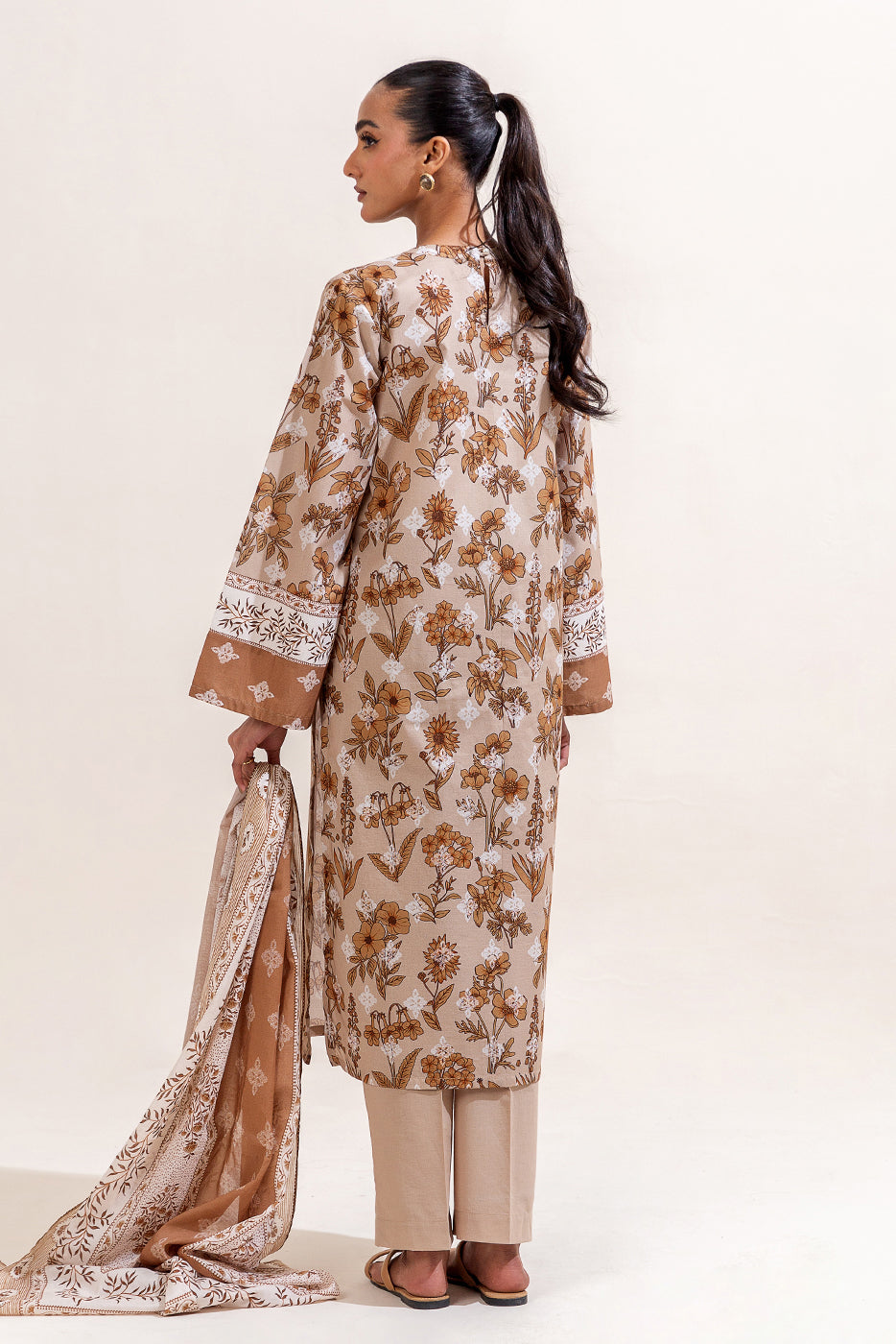 3 PIECE PRINTED LAWN SUIT-PRISTINE BEIGE (UNSTITCHED)