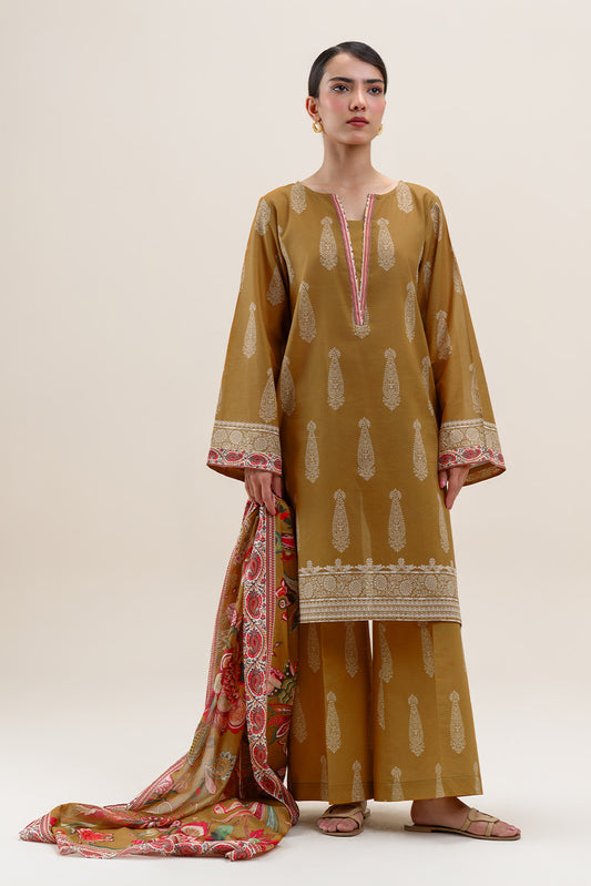 3 PIECE PRINTED LAWN SUIT-MUSTARD ORCHID (UNSTITCHED)