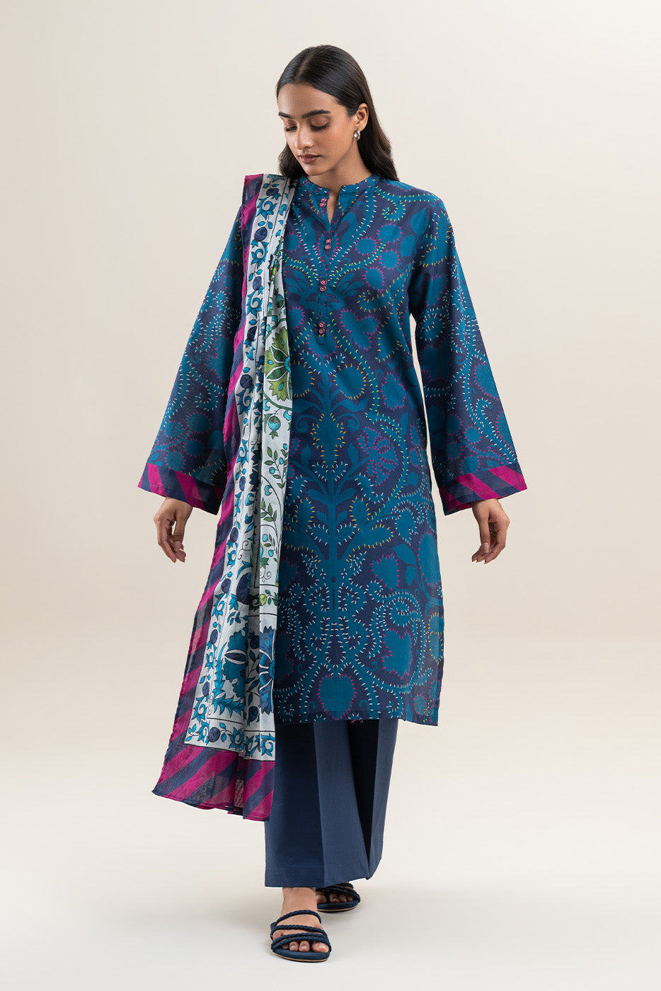 3 PIECE PRINTED LAWN SUIT-PRUSSIAN SHADES (UNSTITCHED)