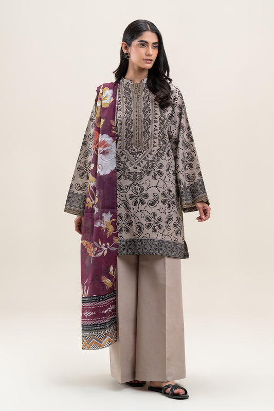 3 PIECE PRINTED LAWN LAWN SUIT-BEIGE STITCH (UNSTITCHED)