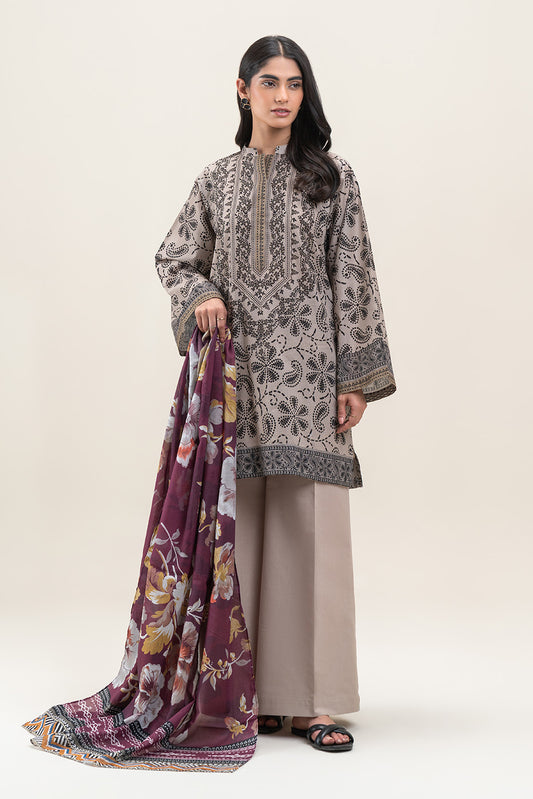 3 PIECE PRINTED LAWN LAWN SUIT-BEIGE STITCH (UNSTITCHED)