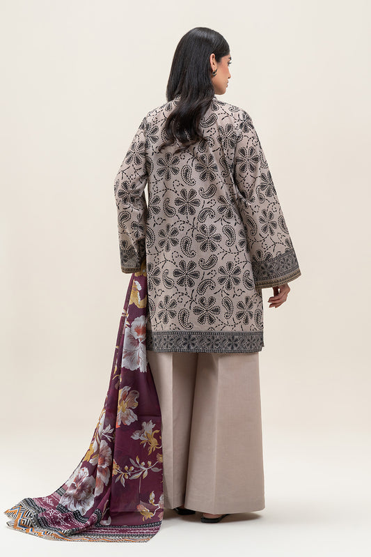 3 PIECE PRINTED LAWN LAWN SUIT-BEIGE STITCH (UNSTITCHED)