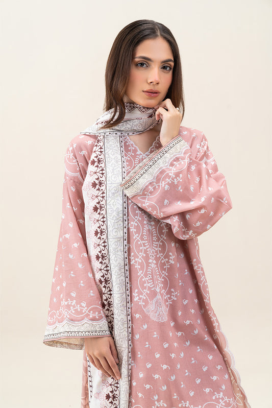 3 PIECE PRINTED LAWN SUIT-PEACH GLOW (UNSTITCHED)