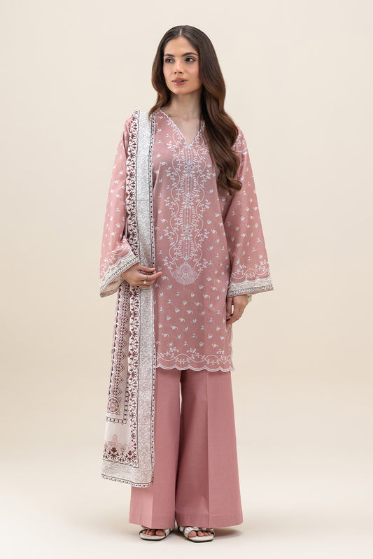 3 PIECE PRINTED LAWN SUIT-PEACH GLOW (UNSTITCHED)