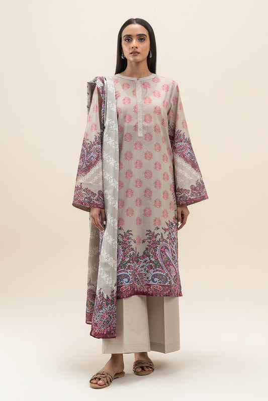 3 PIECE PRINTED LAWN SUIT-GREY MIST (UNSTITCHED)