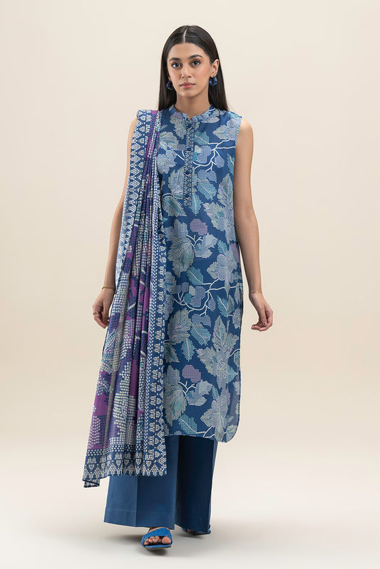 3 PIECE PRINTED LAWN SUIT-BLUE HUES (UNSTITCHED)