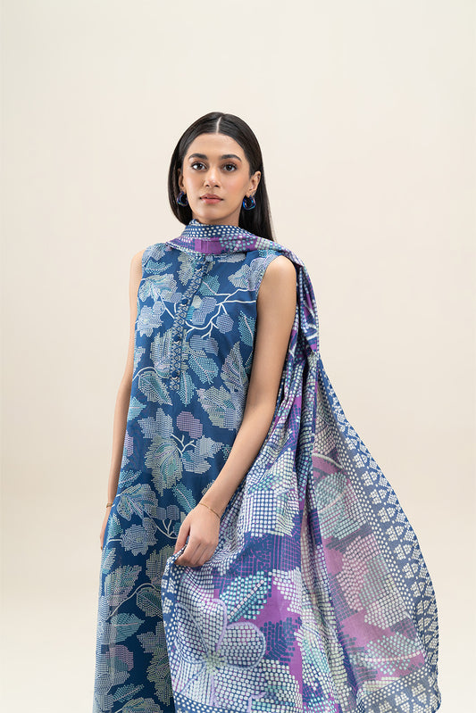 3 PIECE PRINTED LAWN SUIT-BLUE HUES (UNSTITCHED)