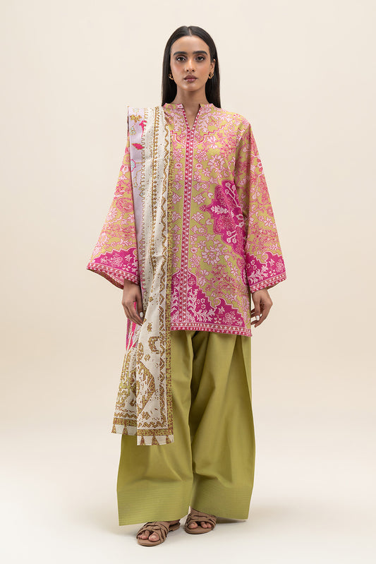 3 PIECE PRINTED LAWN SUIT-AZTEC LIME (UNSTITCHED)