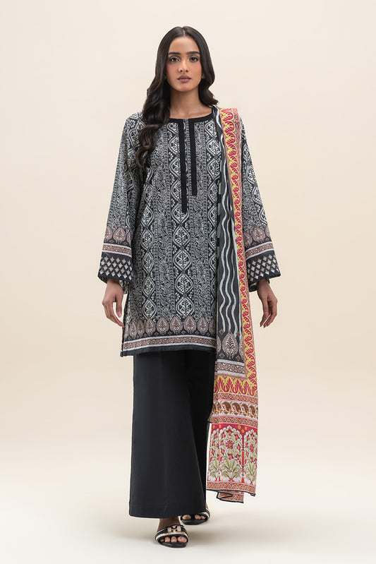 3 PIECE PRINTED LAWN SUIT-RAVEN MESH (UNSTITCHED)